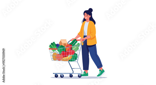 Woman pushing a shopping cart filled with groceries.
