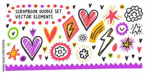 Colorful scrapbook doodle set with hearts stars and geometric shapes