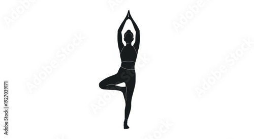 Woman in black silhouette practicing yoga in tree pose vrksasana with arms raised on white background for meditation and balance