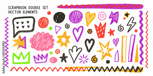 Colorful doodle elements and shapes arranged in a scrapbook style