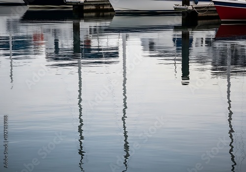 Subtle reflections of boats and masts in the serene harbor water