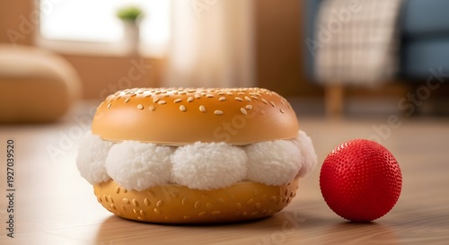 Whimsical Bagel Toy with Red Ball on Wooden Floor.