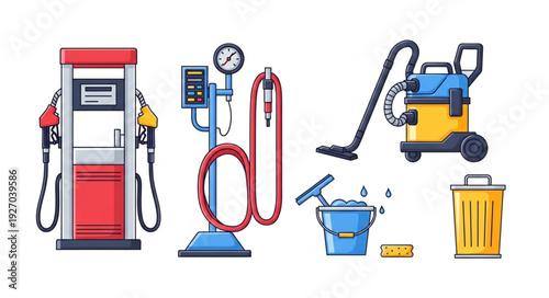 Various car wash and service station equipment displayed on a white background.