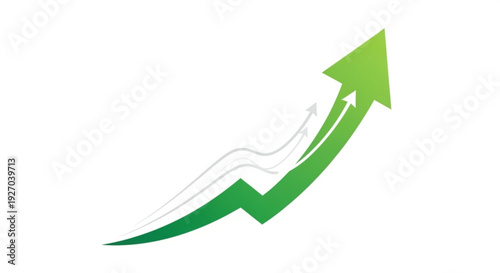 Green arrow graph showing upward trend and growth on white background symbolizing success and progress in business and finance with rising chart