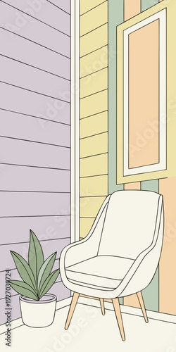 Modern chair and potted plant on balcony with colorful striped wall