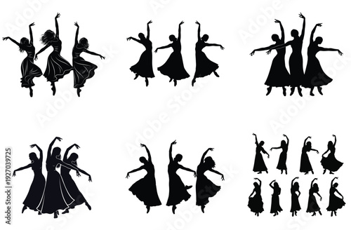 Female dancer silhouette collection. Includes 6 groups of women dancing in various poses and 1 group of 12 individual dancers. Created in a flat black style with a white background