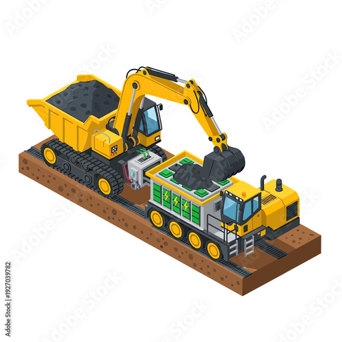 3D illustration of a yellow excavator on a railway platform.