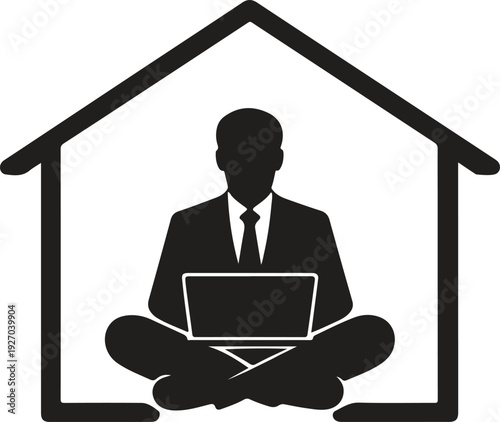 Work From Home Concept, Businessman Using Laptop Inside House Silhouette Vector Illustration