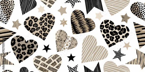 Seamless pattern of hearts stars and flags in animal prints