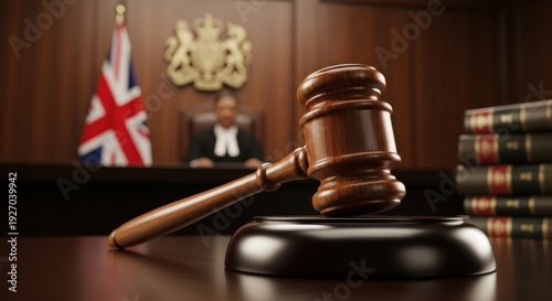 British courtroom scene with a wooden gavel in the foreground, a judge, UK flag, and royal coat of arms in the background, symbolizing the UK legal system and justice.