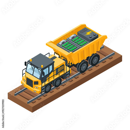Isometric illustration of a yellow dump truck on train tracks.