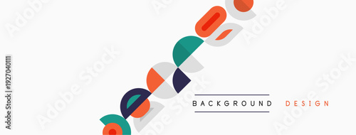 Abstract colorful shapes cascade diagonally across white space. Minimalist design elements suggest modern background texture.