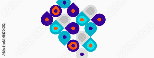 Abstract pattern features colorful circles, squares. Shapes overlap creating dynamic visual texture. Design appears modern, geometric.