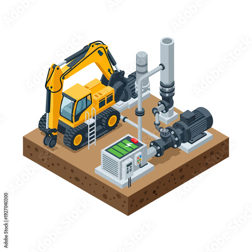 Isometric illustration of heavy machinery and industrial equipment on a construction site.