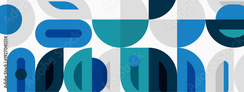 Abstract geometric pattern. Overlapping shapes create modern design. Blue, teal, white color scheme dominates composition. Simple, clean aesthetic.