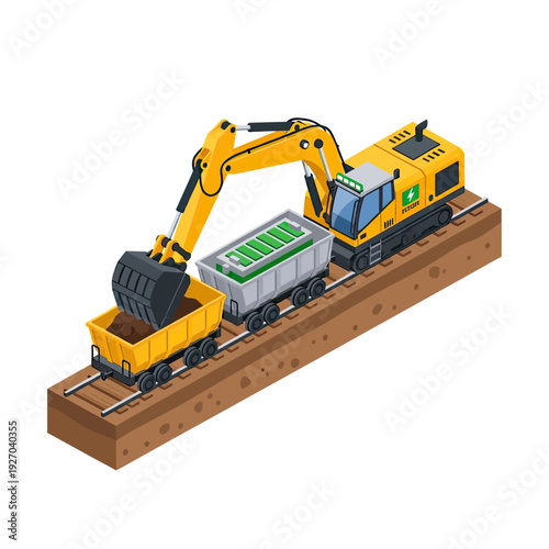 Isometric illustration of a train transporting a backhoe loader and excavator on a railway track.