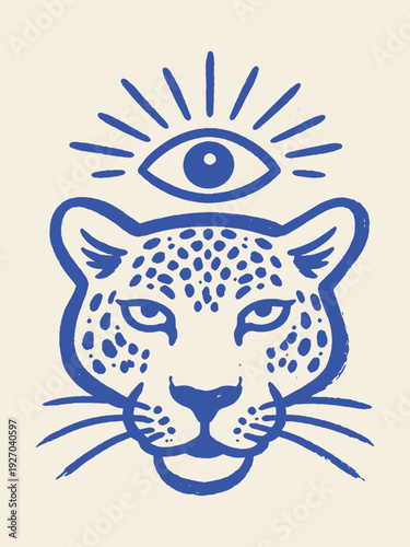 Mystic leopard head with eye line art vector illustration