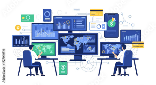 Global Financial Analysis Dashboard Vector Illustration. Business People Monitoring Real-Time Trading Data, Market Charts, and Secure Transactions.