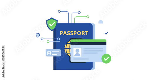 Secure Digital Passport and ID Verification. Global Identity Protection, Document Security, KYC Process, and Travel Technology Flat Vector Illustration.