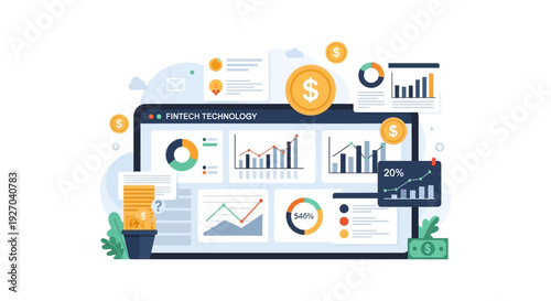 Fintech Technology Dashboard: Financial Data Analysis, Investment Charts, and Business Metrics.