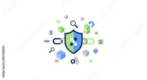 Blockchain Security Audit Concept: Cryptocurrency and DeFi Protection Shield. Flat Vector Illustration of Data Integrity and Transaction Verification.