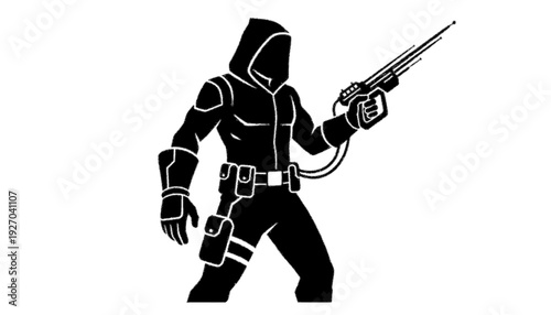 Minimalist White Line Art of a Futuristic Hooded Cyberpunk Soldier Silhouette