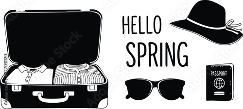 Black and white minimalist vector art suitcase with clothes sunglasses wide brim hat and passport with hello spring lettering travel preparation design