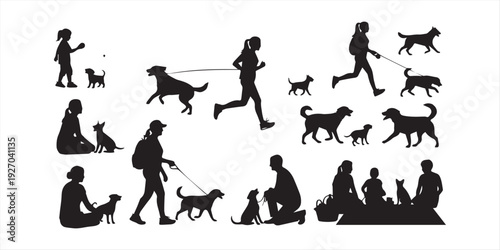 People all ages playing with dogs different poses in park outdoors vector silhouette set collection. Group people walking with dogs in public park outdoors black silhouettes.