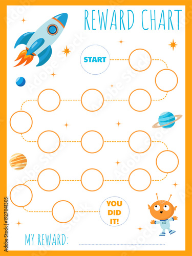 Step-by-step space chart for earning rewards for children featuring a rocket, an alien, and stars