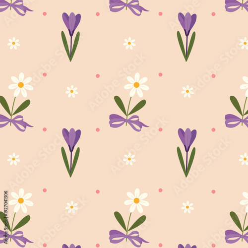 Floral pattern with spring flowers and bows. Perfect for textiles and decor.