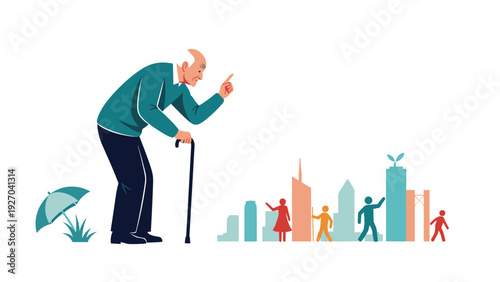 Elderly man leaning on cane and pointing at small colorful silhouettes of city life and people representing wisdom and generational stories.