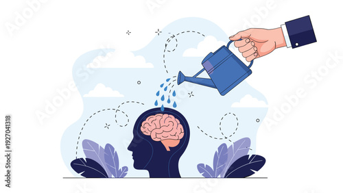 Large hand using watering can to nurture brain inside human head silhouette representing personal growth education and mental wellness goals.