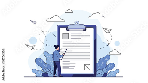 Professional woman reading document on giant blue clipboard in open space environment showing recruitment process or contract evaluation tasks.