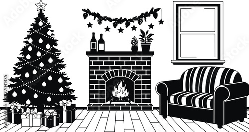 Black and white Christmas living room interior with decorated tree, fireplace, armchair and gifts, festive holiday home illustration isolated on light background
