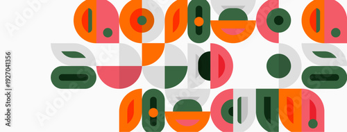Abstract geometric shapes, muted colors, retro style design. Composition features circles, rectangles, curves. Minimalist aesthetic, playful arrangement.
