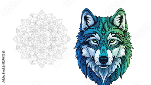Intricate mandala pattern alongside colorful wolf head illustration combining animal spirit symbols with meditative geometric art for wellness.