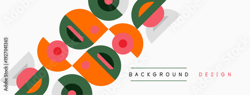 Abstract geometric shapes overlap, creating vibrant pattern. Orange, green, pink hues dominate neutral backdrop. Modern design element.