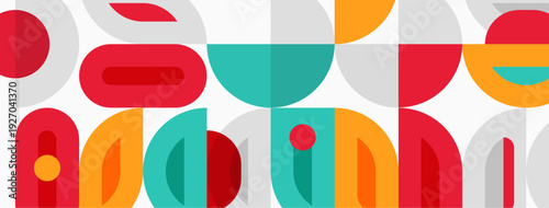 Abstract geometric pattern. Shapes overlap, creating colorful midcentury modern aesthetic. Simple forms, vibrant hues dominate composition.