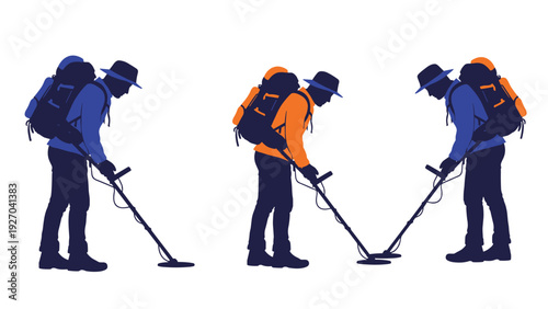 Set of human silhouettes with backpacks using metal detectors in various search poses for treasure hunting and outdoor archeological adventures.