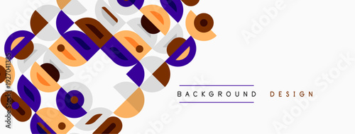 Abstract geometric shapes overlap, creating modern background. Colors include purple, brown, beige, orange. Minimalist design feels playful, stylish.