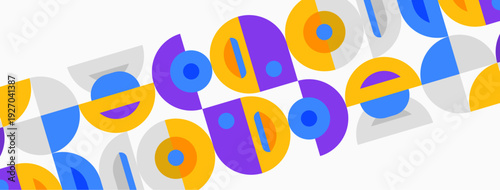 Abstract geometric pattern. Circles, squares repeat diagonally. Bright colorspurple, orange, bluecreate playful visual rhythm. Simple shapes dominate composition.