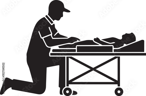 Paramedic Kneeling Beside Stretcher in Emergency Scene