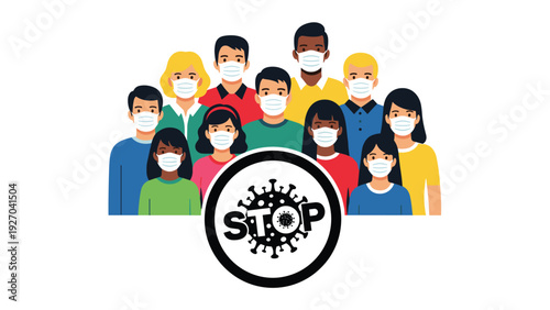 Group of diverse people wearing face masks with stop virus symbol in foreground representing community health awareness and disease prevention.