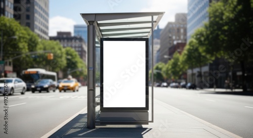 Busy city street with a bus stop shelter and blank advertising screen