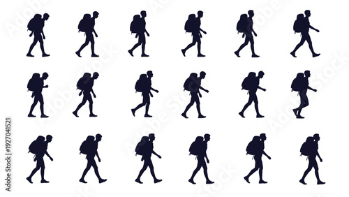 Animation walk cycle sequence of hiker silhouette with backpack showing various frames of movement for video game development and graphics.