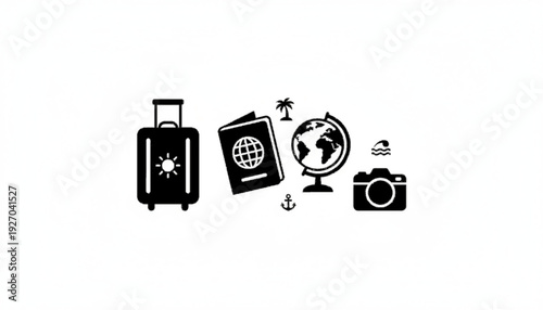 Minimalist Black Travel Icons Set for Global Adventure and Vacation Planning