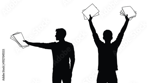 Silhouettes of two men triumphantly holding up stacks of paper documents representing success in business or academic achievements.