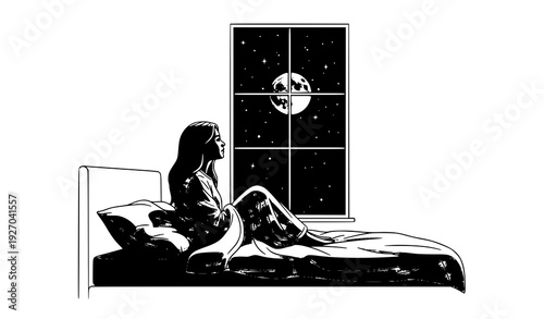 Thoughtful Young Woman In Bedroom Watching Full Moon And Starry Sky Isolated On White