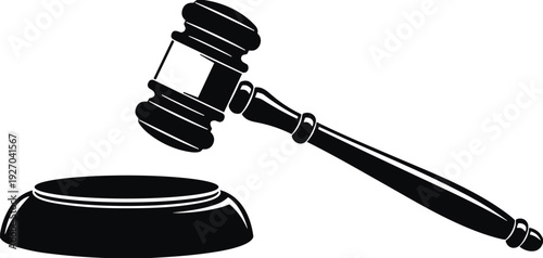 Black and white judge gavel with sound block, law and justice concept illustration, legal court symbol isolated on light background