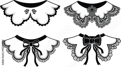 Set of vintage detachable Peter Pan collar illustrations with lace embroidery scallop edges and black ribbon bows for fashion design vector decorative necklines apparel